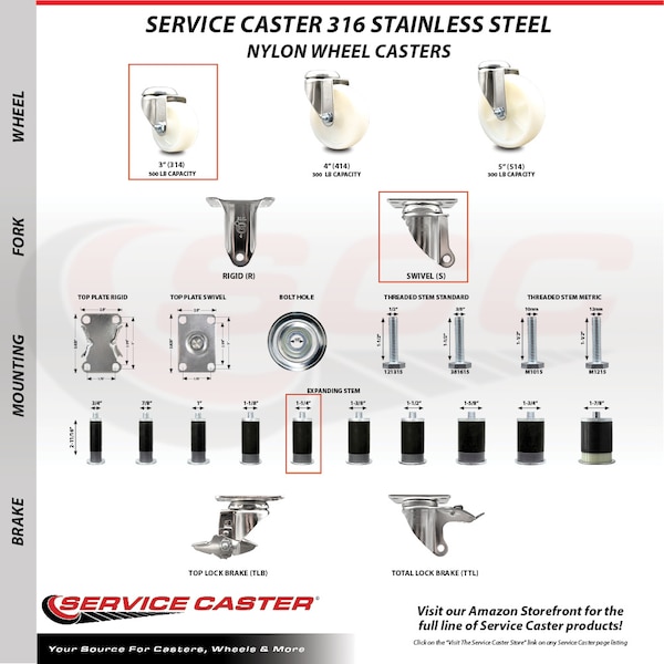 Service Caster 3 Inch 316SS Nylon Wheel Swivel 1-1/4 Inch Expanding Stem Caster SCC-SS316EX20S314-NYS-114 - main